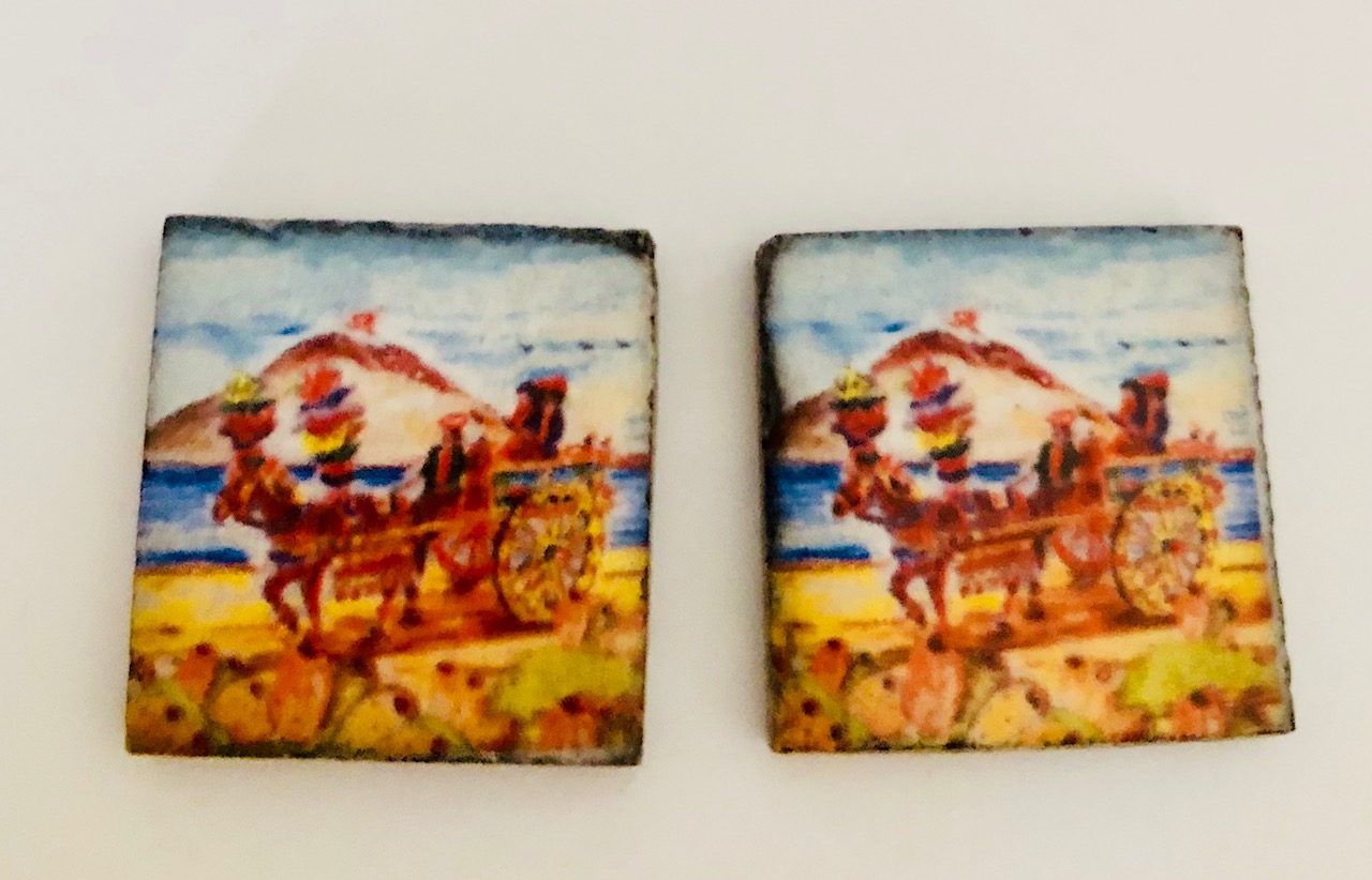 piastrella in pietra lavica  con carretto siciliano