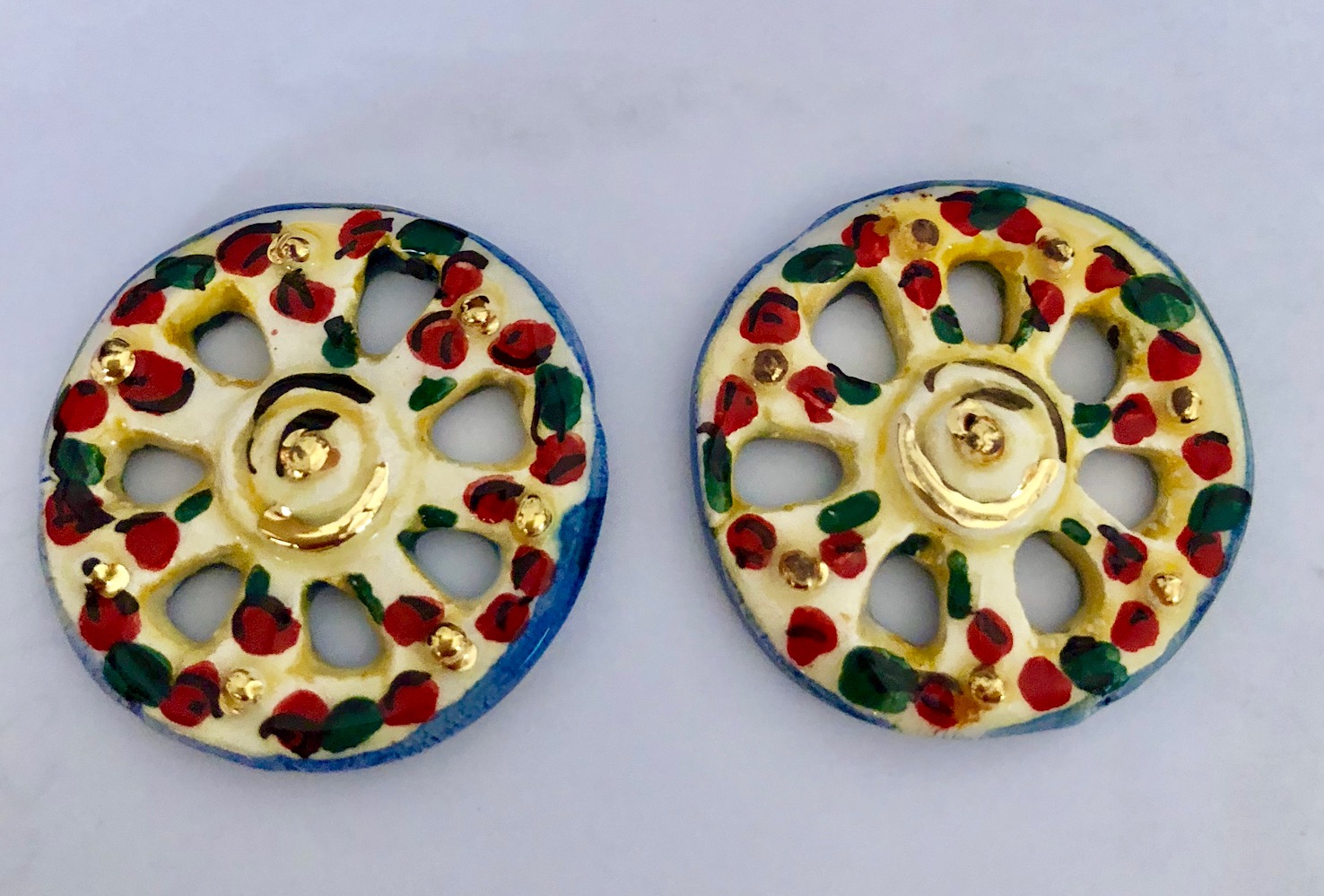 RUOTE in ceramica realizzate e dipinte a mano con inserti in oro diametro 3-3,5 cm 1 coppia 